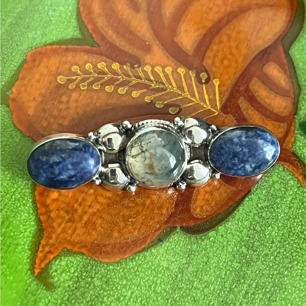 Vintage Sterling Silver Lapis Lazuli Moss Agate Brooch Pin 9.21g Artisan - Picture 5 of 5